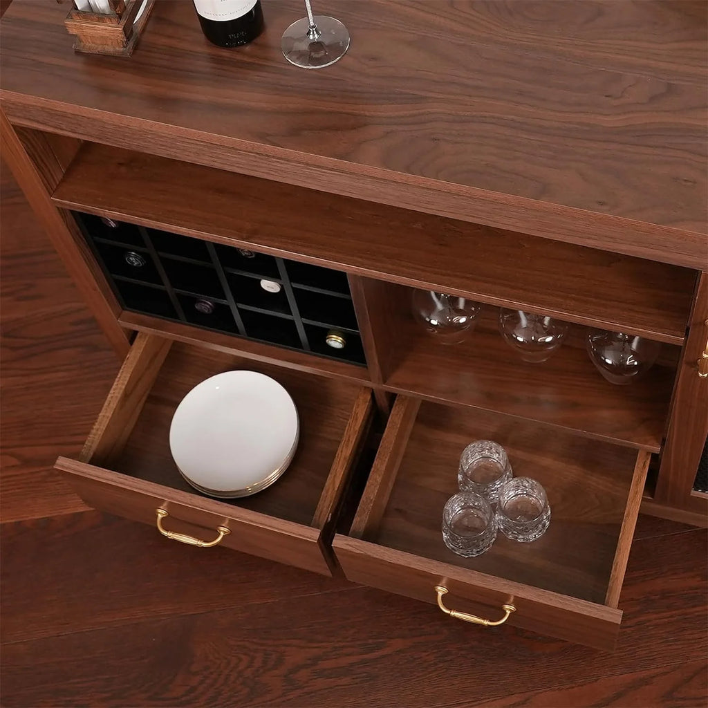 CONSDAN Bar Cabinet with Storage, Solid Walnut Hardwood Sideboard E4902