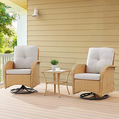 Outdoor Wicker Swivel Rocker Chairs Set of 2 with Rattan Side Table, Brown/Blue B592