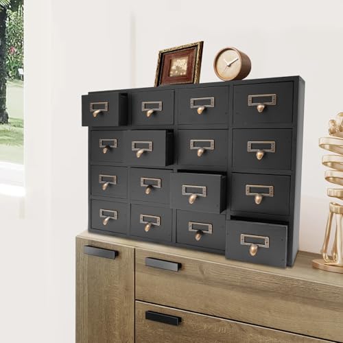 Vintage 16-Drawer Wooden Desktop Organizer with Iron Label Holders N538