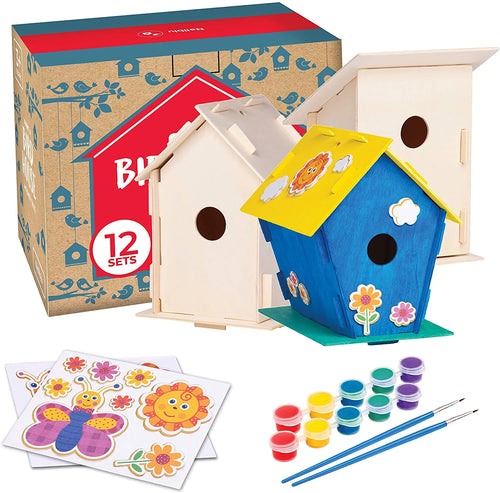 12 Wooden Birdhouse Crafts for Kids - DIY Unfinished Kits with Paint & Brushes I21811