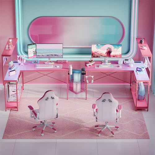 Bestier 42 L Gaming Desk with Power Outlets, LED Lights and Shelves D8630