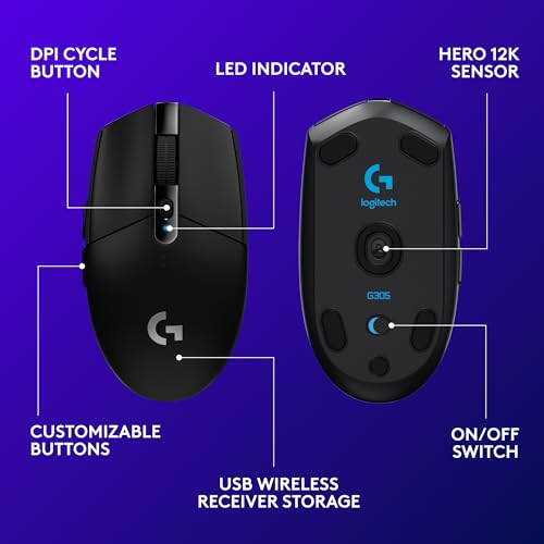 Logitech G305 LIGHTSPEED Wireless Gaming Mouse, Hero 12K Sensor, Black O4133