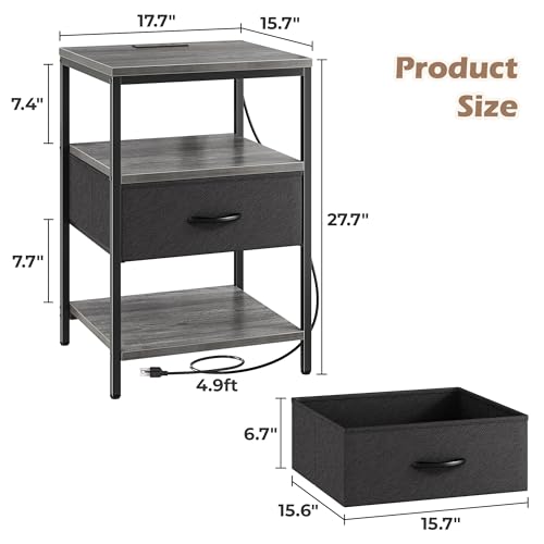 SUPERJARE Nightstand with Charging Station, Fabric Drawer, 3-Tier Storage, Walnut K366263