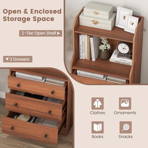 LOKO 3 Drawers Dresser with Shelves, Tall Nightstand, Anti-Toppling Device, Walnut T9199
