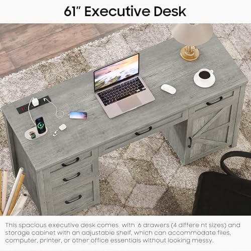 Farmhouse 61" Executive Desk with 5 Drawers and Charging Station, Pure Black W116439