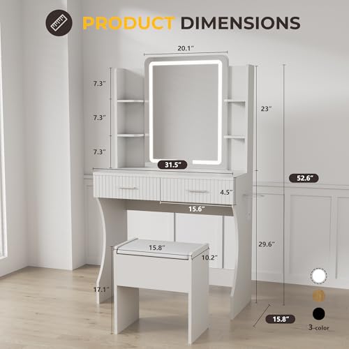 White Vanity Desk with LED Mirror and Storage Stool D5834