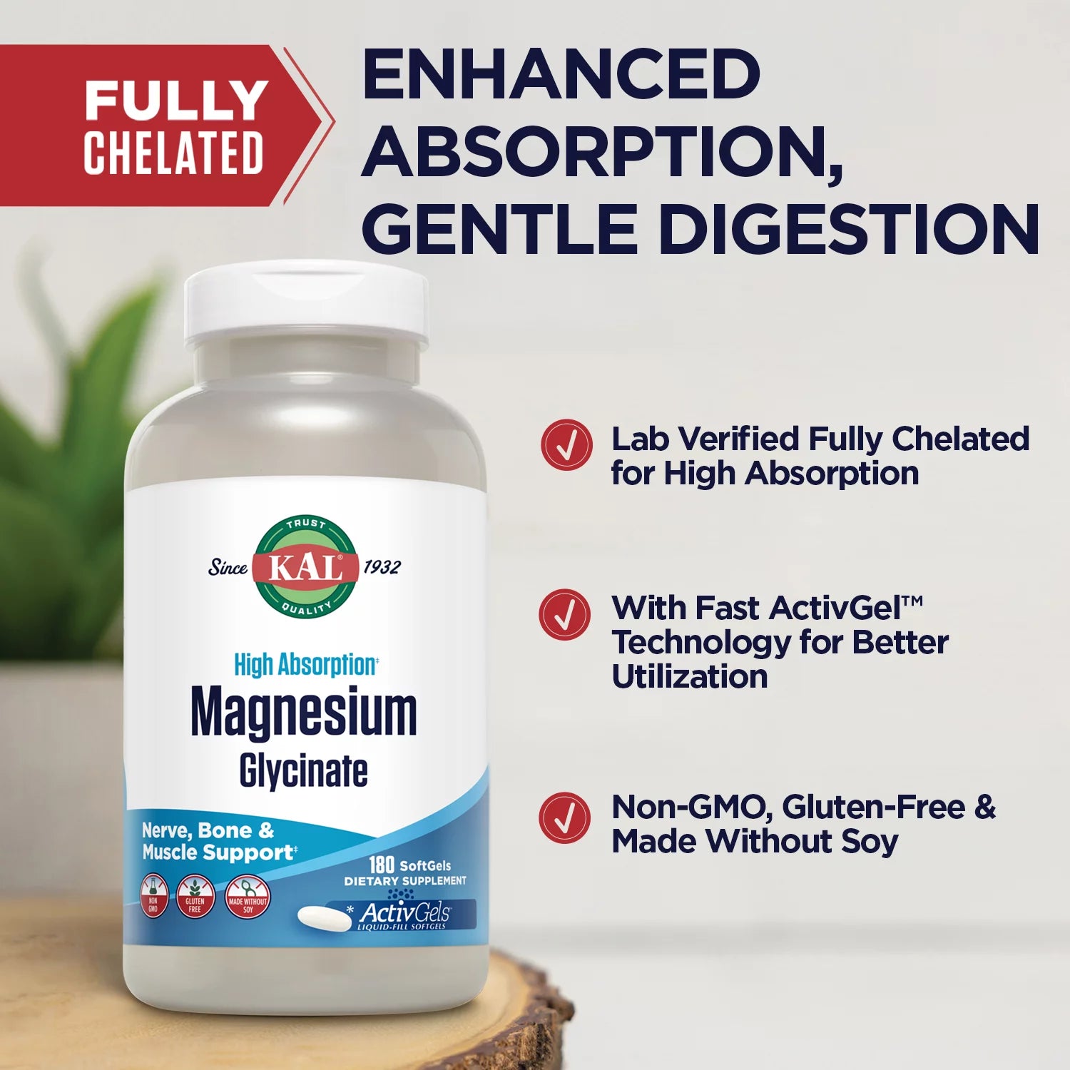 KAL Magnesium Glycinate ActivGels 315mg, 180 Softgels M352