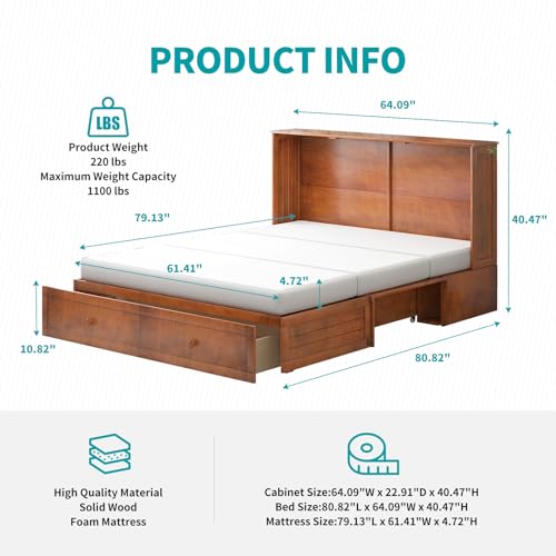 BALUS Queen Murphy Bed Cabinet with USB Charging Station, Cherry Q863