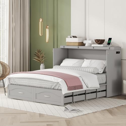 Queen Size Solid Pine Murphy Bed Chest with Charging Station and Storage Drawer K498