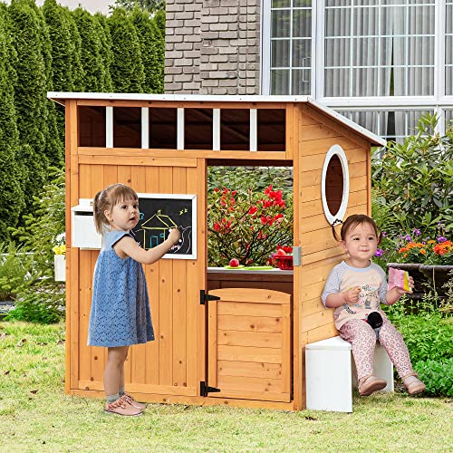 Outsunny Wooden Playhouse for Kids Outdoor with Working Door and Windows I499670