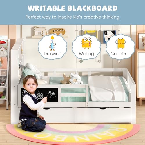 Giantex Full Bed with 2 Storage Drawers, Solid Wood Kids Bed Frame, White N580265
