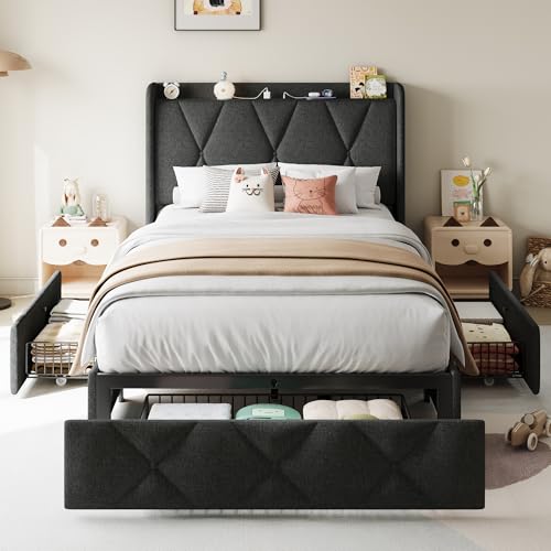 Queen Bed Frame with 4 Storage Drawers and Charging Station, Black S804993