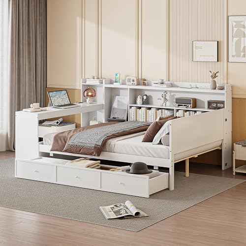 Bellemave Twin Corner Bed Frame with Storage Shelves and Desk, Gray L74206
