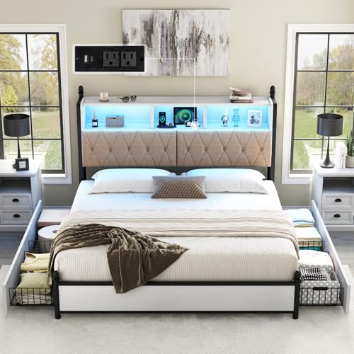 AMERLIFE Full Size Bed Frame with Bookcase Headboard, Charging Station, Rustic Brown H544