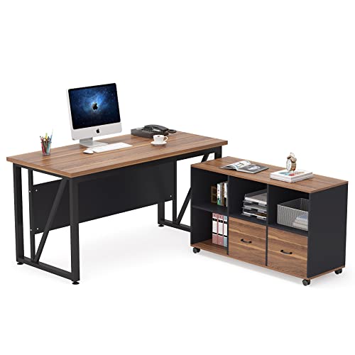 Tribesigns 63" Executive Desk with 47" Lateral File Cabinet, L-Shaped Computer Desk, Brown and Black N680173