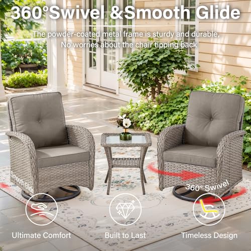 Outdoor Wicker Swivel Rocker Chairs Set of 2 with Rattan Side Table, Brown/Blue B592