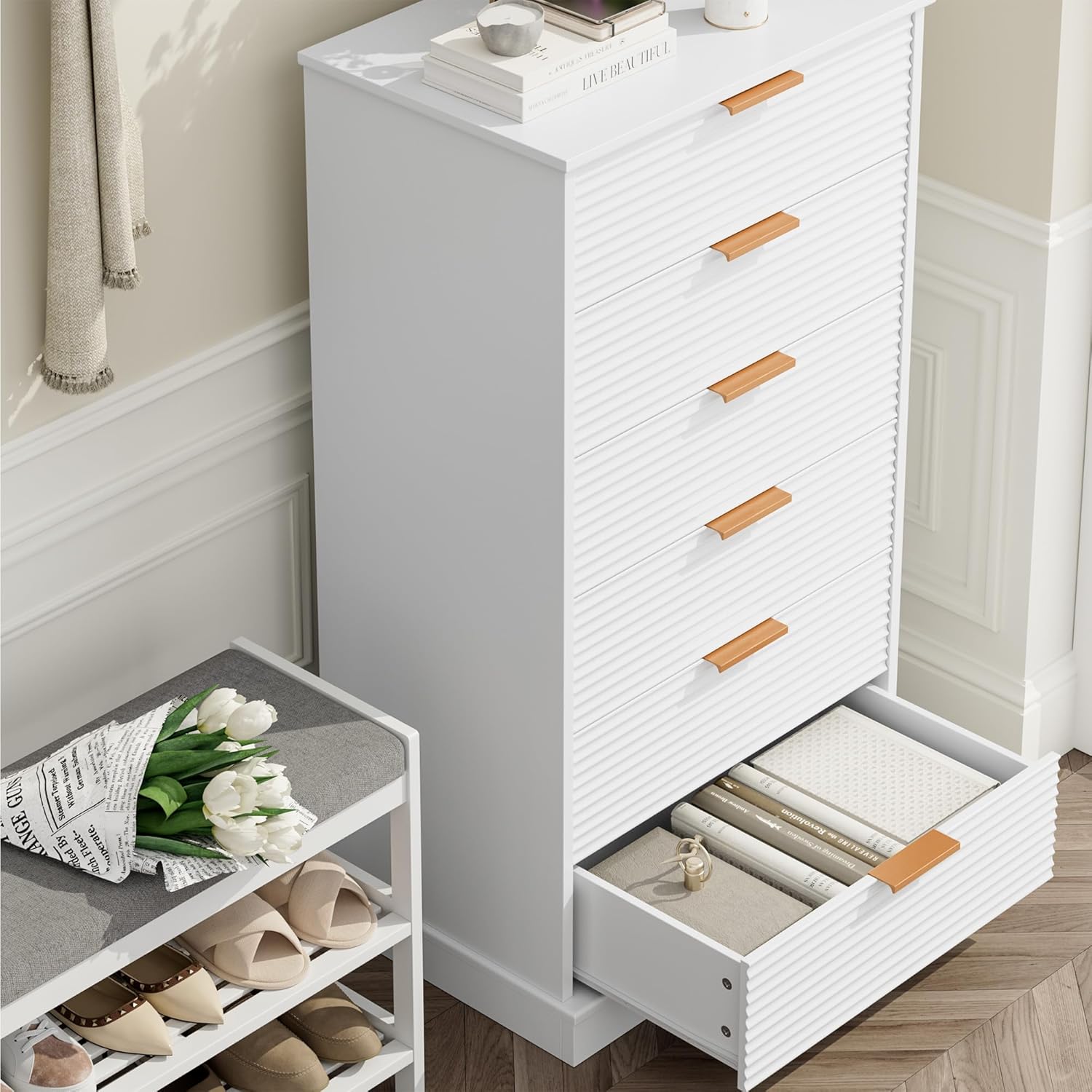 6 Drawer Dresser, Tall White Chest with Handles for Home & Office E6924