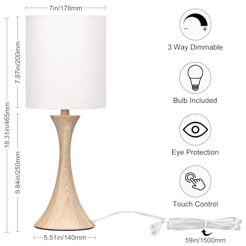 Dimmable Bedside Lamp with Touch Control, Beige Shade, LED Bulb Included S148