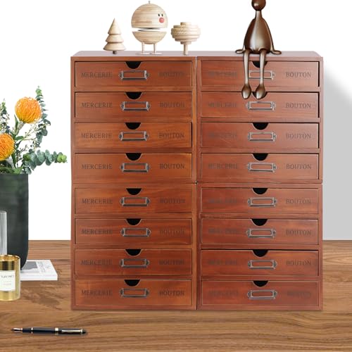 Vintage 16-Drawer Wooden Desktop Organizer with Iron Label Holders N538