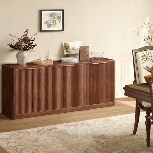 67" Fluted Oak Buffet Cabinet Sideboard with Storage, Large Credenza with 6 Doors, Wood Mid Century Modern Sideboard for Kitchen and Living Room (67"*31.5"*15.7")