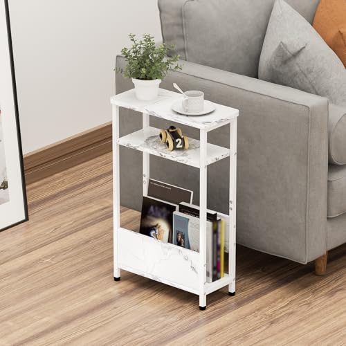 7.1" Narrow 3-Tier Side Table with Magazine Holder, Faux White Marble R580691