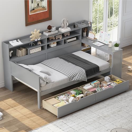 Bellemave Twin Corner Bed Frame with Storage Shelves and Desk, Gray L74206