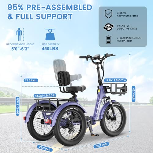 MOONCOOL Electric Trike for Adults, 20" Folding 3-Wheel Ebike, 500W Motor, Removable Battery W50658