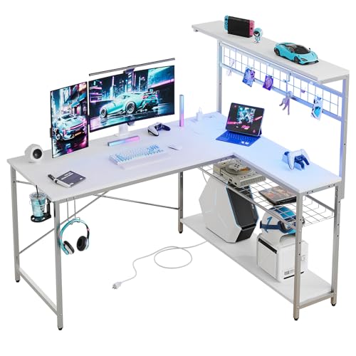Bestier 42 L Gaming Desk with Power Outlets, LED Lights and Shelves D8630
