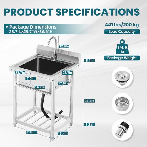 Stainless Steel Free Standing Utility Sink Single Bowl with Hot Cold Pipe R683