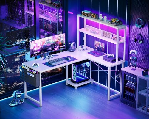 AODK L Shaped Gaming Desk with LED Light & Power Outlet, Grey Oak P41493