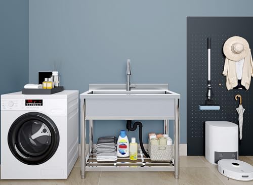 Stainless Steel Large Utility Sink Single Bowl Freestanding with Pull-Out Faucet T135