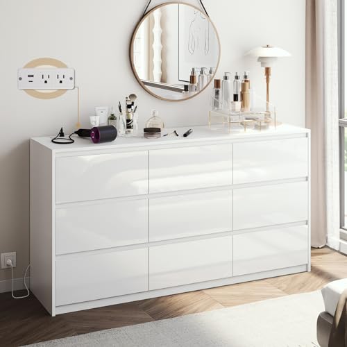 10 Drawer Dresser, White Dresser for Bedroom, High Gloss Modern Dresser & Chest of Drawers, 55" Long Dresser TV Stand, Large Double Dresser for Bedroom