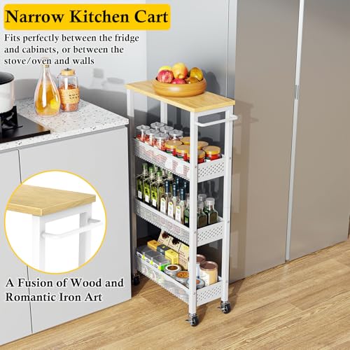 Utility Slim Storage Cart 4-Tier Rolling Cart with Wood Top A517006