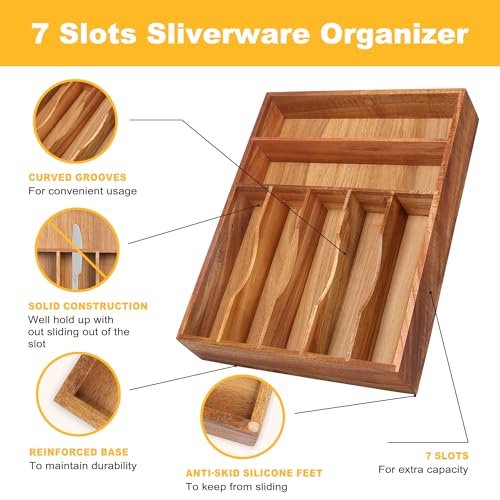 Acacia Wood Silverware Organizer with 7 Slots F21958