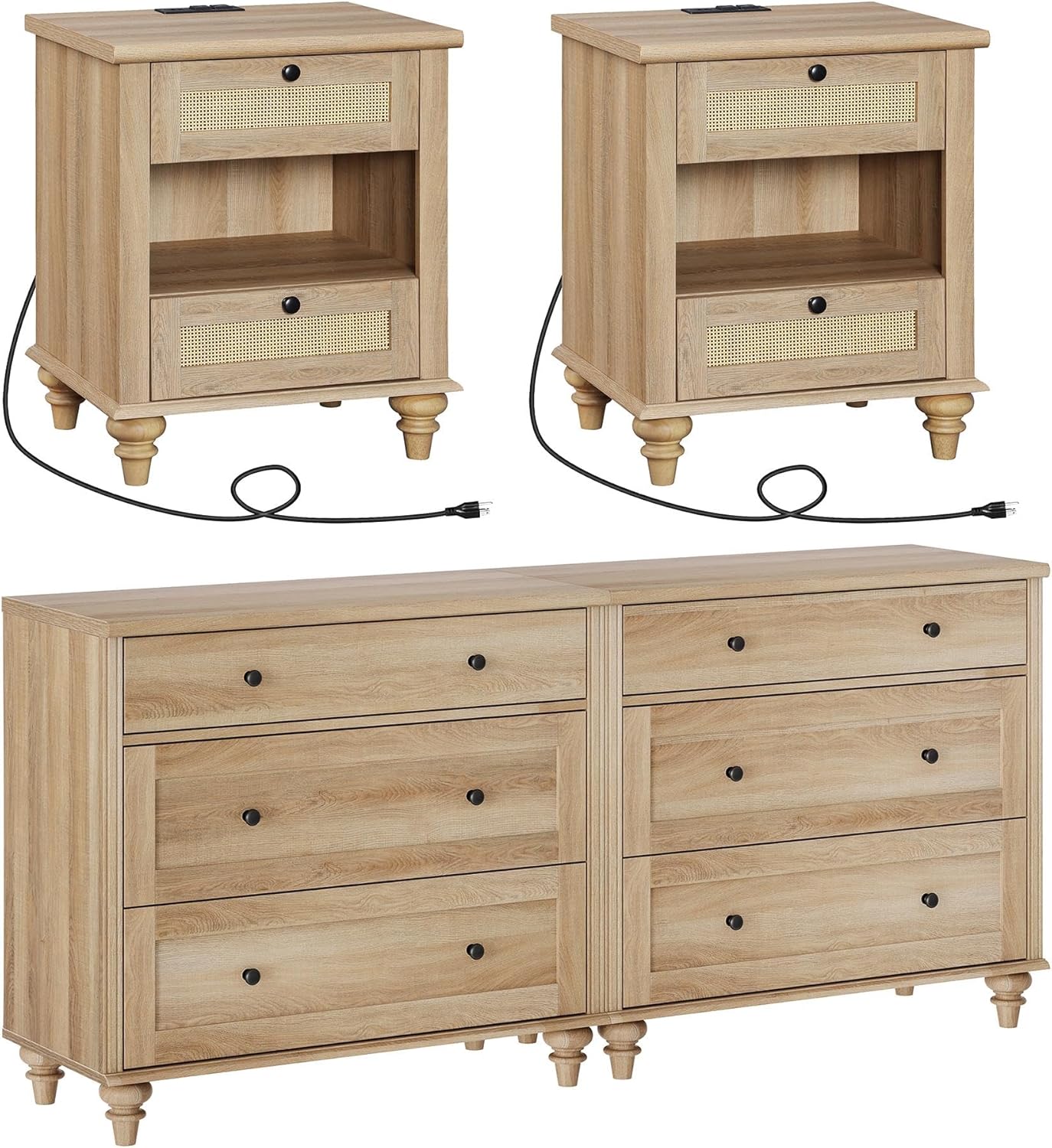 WAMPAT 4 Piece Bedroom Set with 2 Dressers and 2 Nightstands, Oak P906