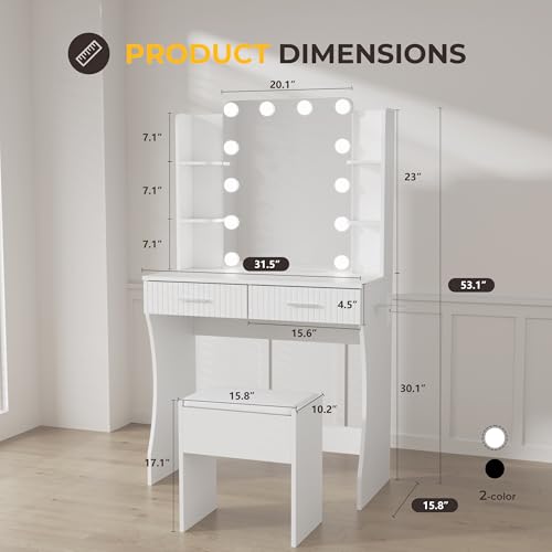 White Vanity Desk with LED Mirror and Storage Stool D5834