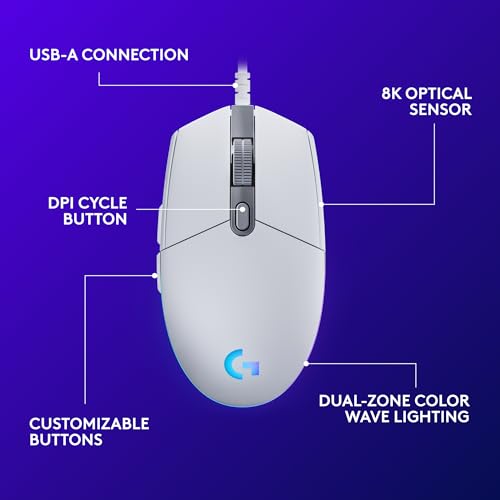Logitech G203 Wired Gaming Mouse, 8,000 DPI, RGB, 6 Programmable Buttons, PC/Mac - Black U28629