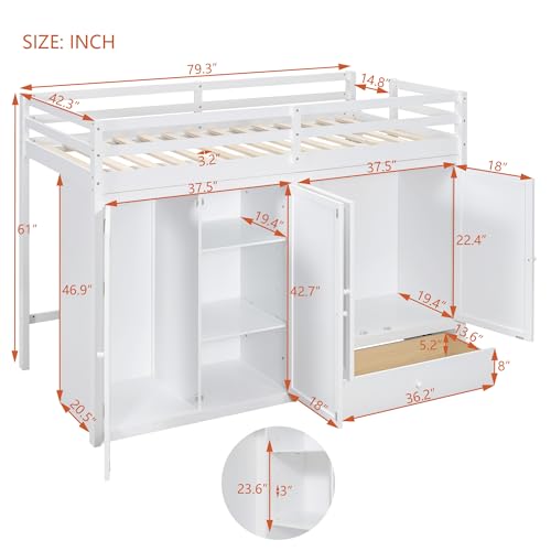 Harper & Bright Designs Twin Size Loft Bed with L-Shaped Desk and Stairs, Solid Wood, White D768