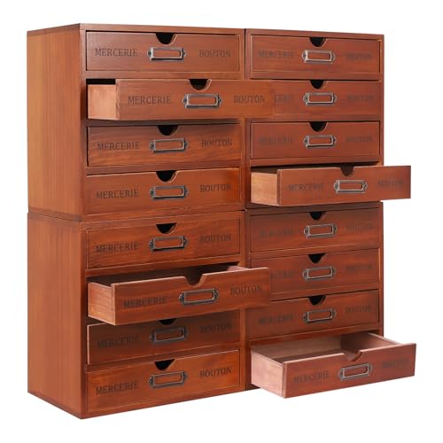 Vintage 16-Drawer Wooden Desktop Organizer with Iron Label Holders N538
