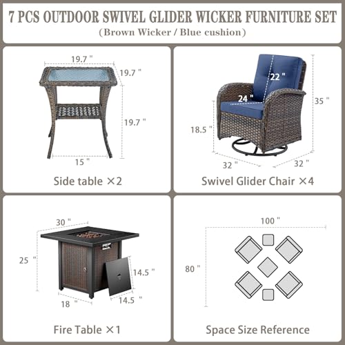 Outdoor Wicker Swivel Rocker Chairs Set of 2 with Rattan Side Table, Brown/Blue B592
