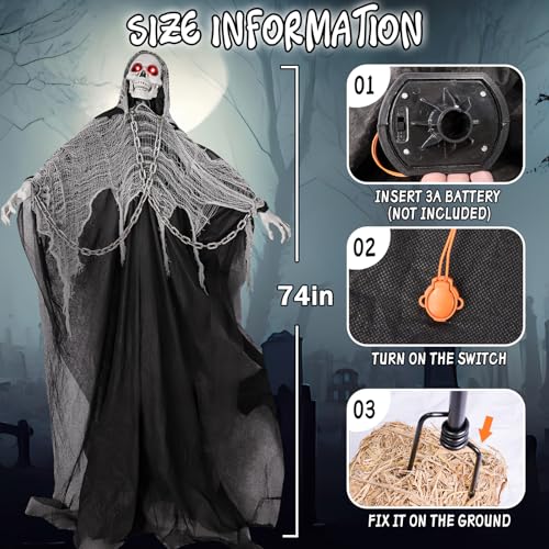 74'' Halloween Outdoor Decorations, Life Size Sound Activated Skeleton Ghost with Light Up Eyes E958980