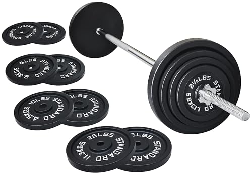 Barbell Weight Set, Cast Iron 1" Standard Weight Plates Including 5FT Standard Barbell Bar & Star Locks, 95 Pounds Set (85 Lbs Plates + 10 Lbs Barbell Bar), Multiple Packages