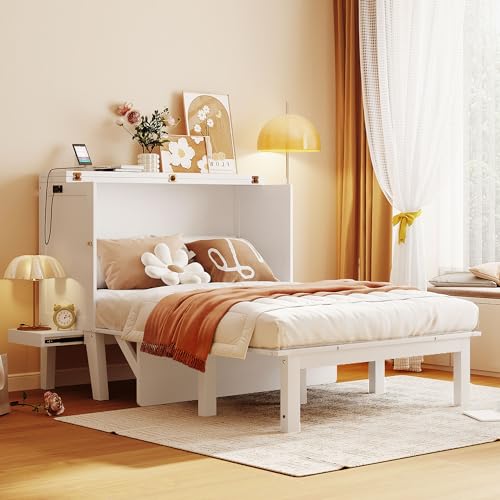 Queen Size Solid Pine Murphy Bed Chest with Charging Station and Storage Drawer K498