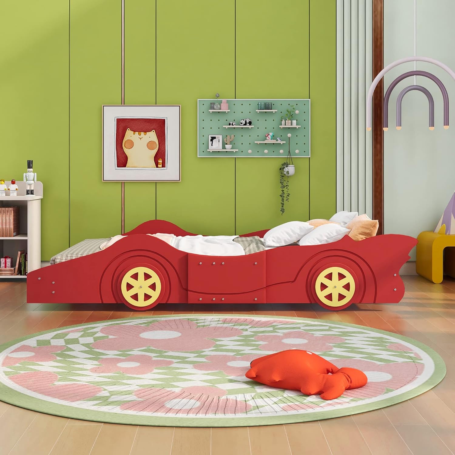 Full Size Red Wooden Race Car Platform Bed for Kids W34286