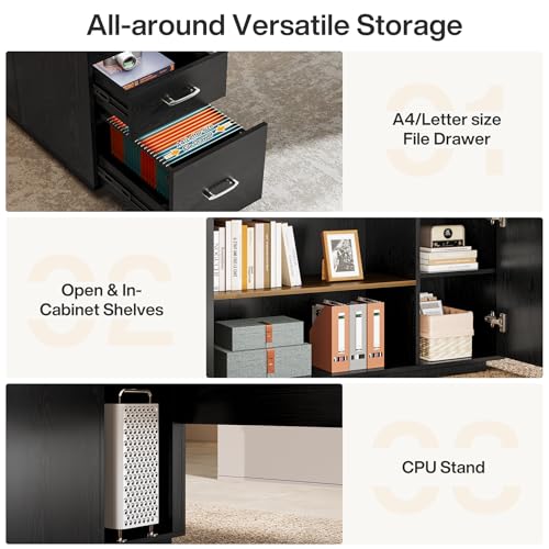 Tribesigns 85.8-Inch L-Shaped Executive Desk with File Drawers & Shelves, White & Brown I578