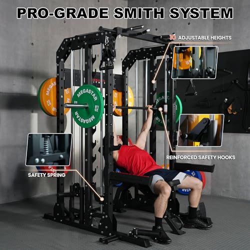 Smith Machine Home Gym with Aluminum Pulley Set - 2000lbs Capacity Power Rack O517