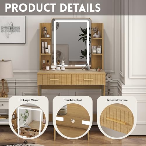 White Vanity Desk with LED Mirror and Storage Stool D5834