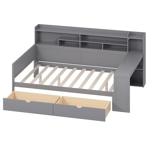 Bellemave Twin Corner Bed Frame with Storage Shelves and Desk, Gray L74206
