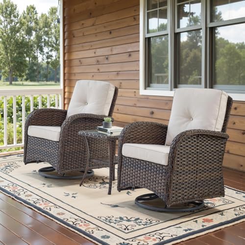 Outdoor Wicker Swivel Rocker Chairs Set of 2 with Rattan Side Table, Brown/Blue B592