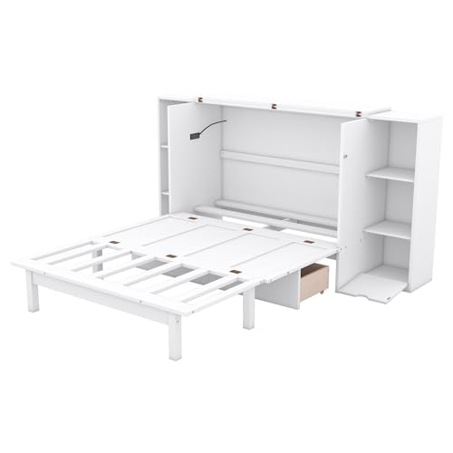 Ball & Cast Queen Size Solid Pine Murphy Bed with Charging Station, White + Walnut P2075